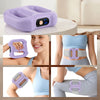 A purple rechargeable body massage ring is shown in various usage angles on a woman's hand and leg.
