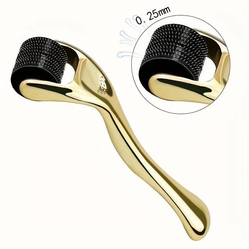 A gold-toned titanium micro derma roller tool with a textured head shown next to an inset detail.