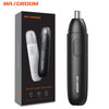 A black rechargeable nose hair trimmer with a silver cap shown next to its packaging box.