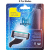 Pack of 8 replacement razor blades in a blue and purple packaging with text in French and Italian.