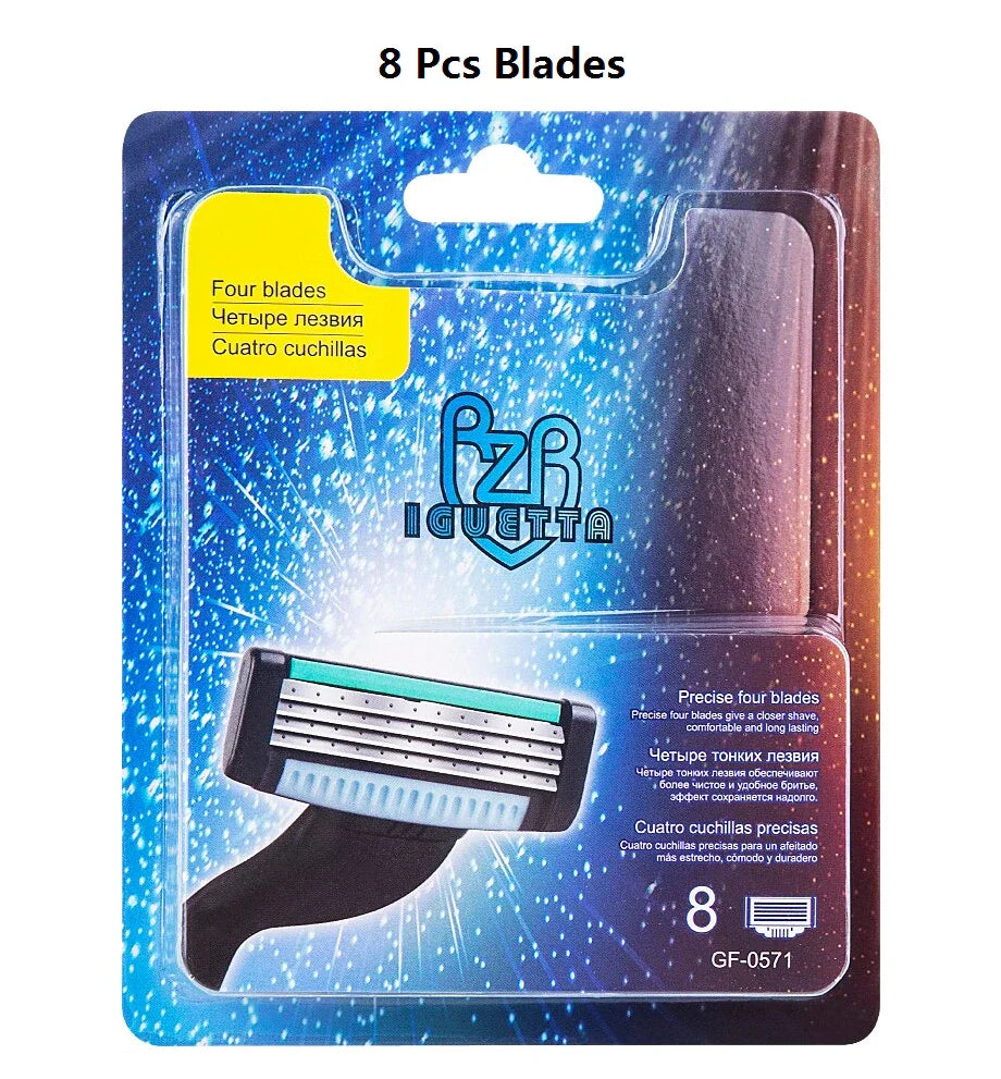 Pack of 8 replacement razor blades in a blue and purple packaging with text in French and Italian.