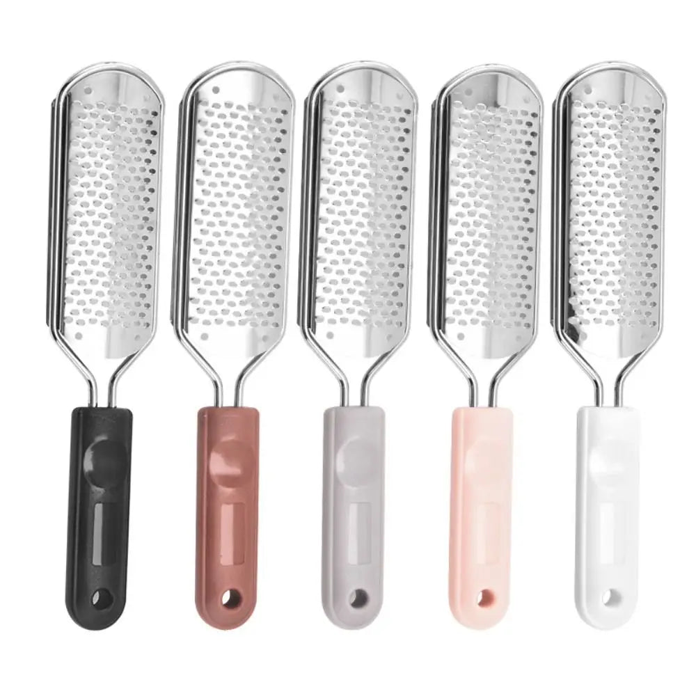 Five stainless steel foot files in various colors and sizes for callus removal
