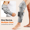 A gray cordless heated calf and knee massager with air compression worn on a leg.