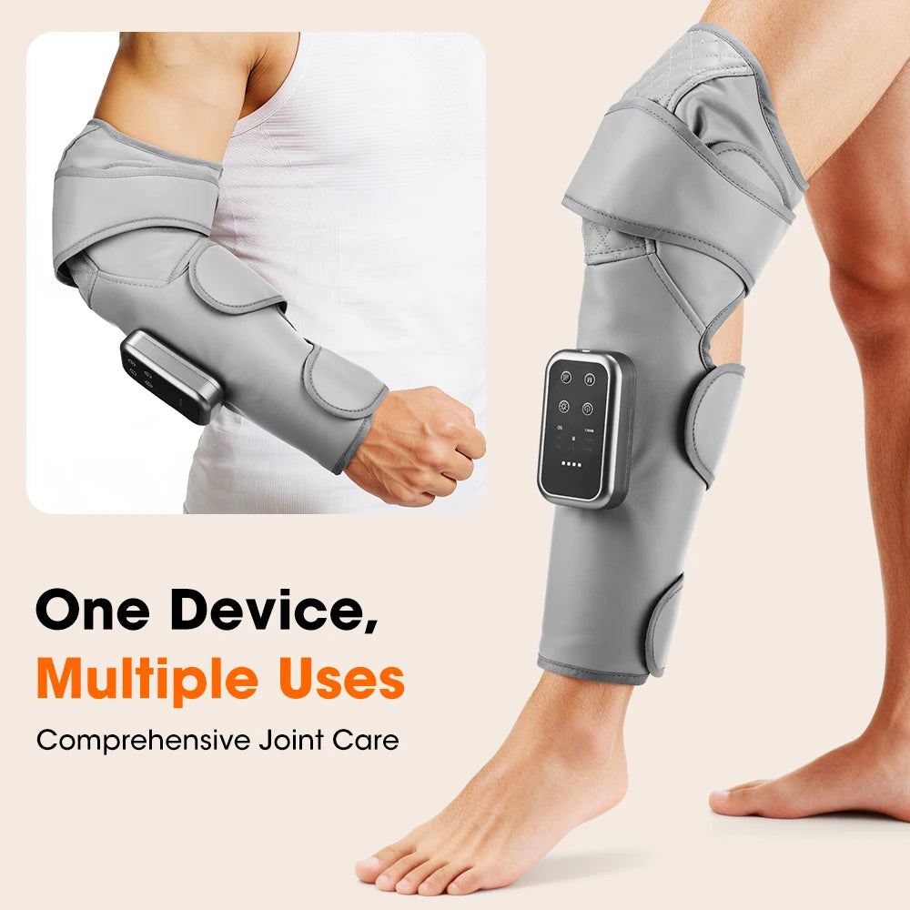 A gray cordless heated calf and knee massager with air compression worn on a leg.