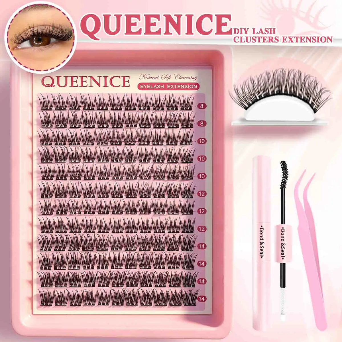 Kit en plastique rose pour clusters et extensions de cils naturels.