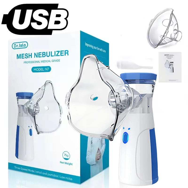 A clear mesh nebulizer device in white and blue is shown next to its components.