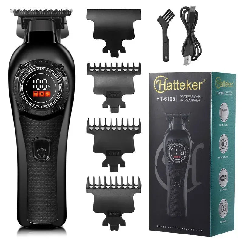 A black Hatteker HT-6105 professional hair clipper and accessories displayed on a white background.