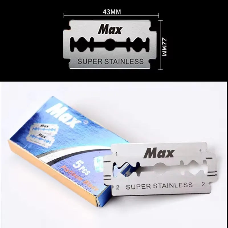 A silver stainless steel razor blade set packaged in a box showing the blades and dimensions.
