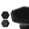 A black silicone facial cleaning and massage brush with multiple bristles shown in various components.
