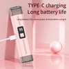 Afeitadora eléctrica de vello corporal Type-C rosa con indicador de batería al 99% en fondo rosa claro.