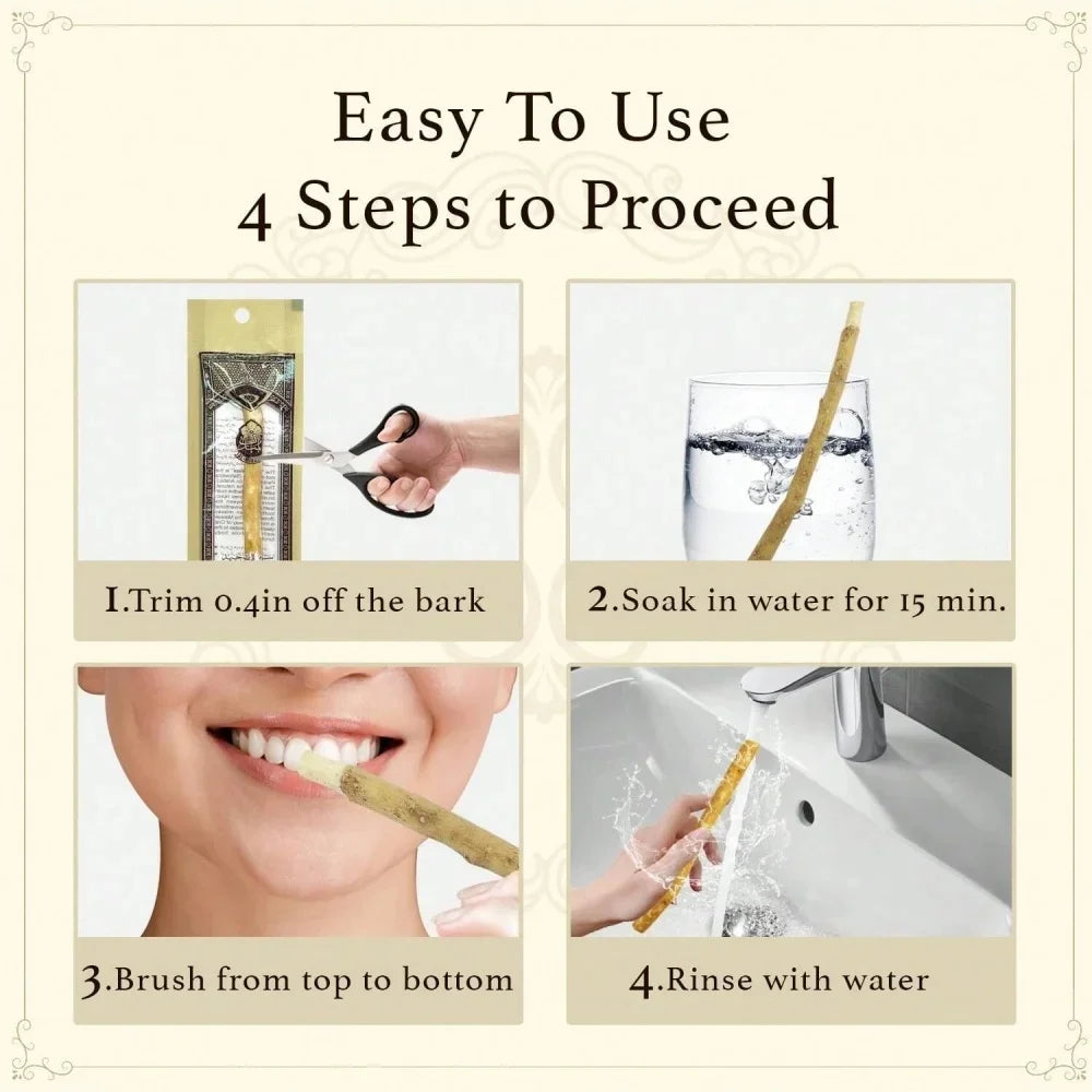 Instructions for using a traditional wooden miswak toothbrush in four steps.