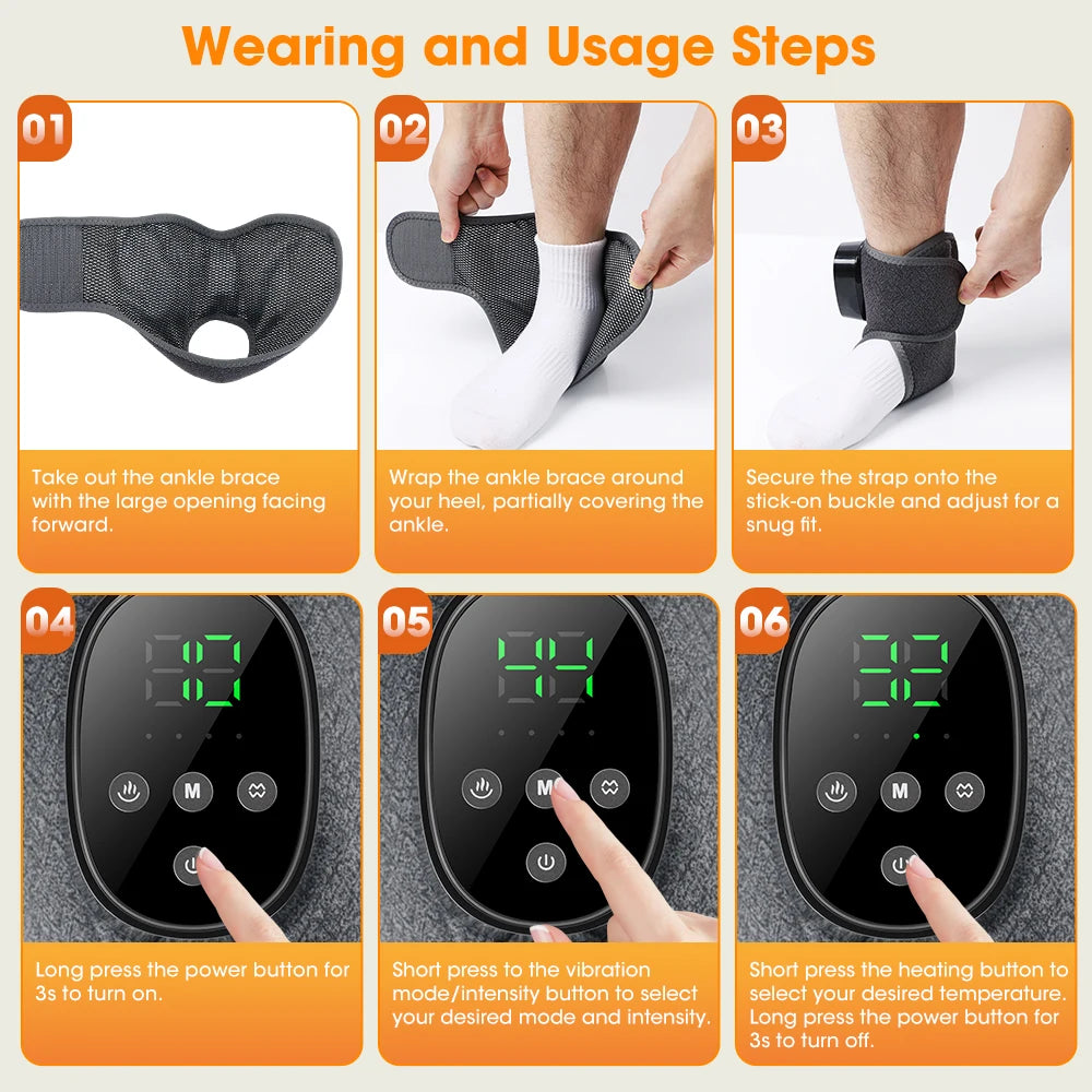 Instructions showing how to wear, use, and operate a heated ankle massager with various modes.