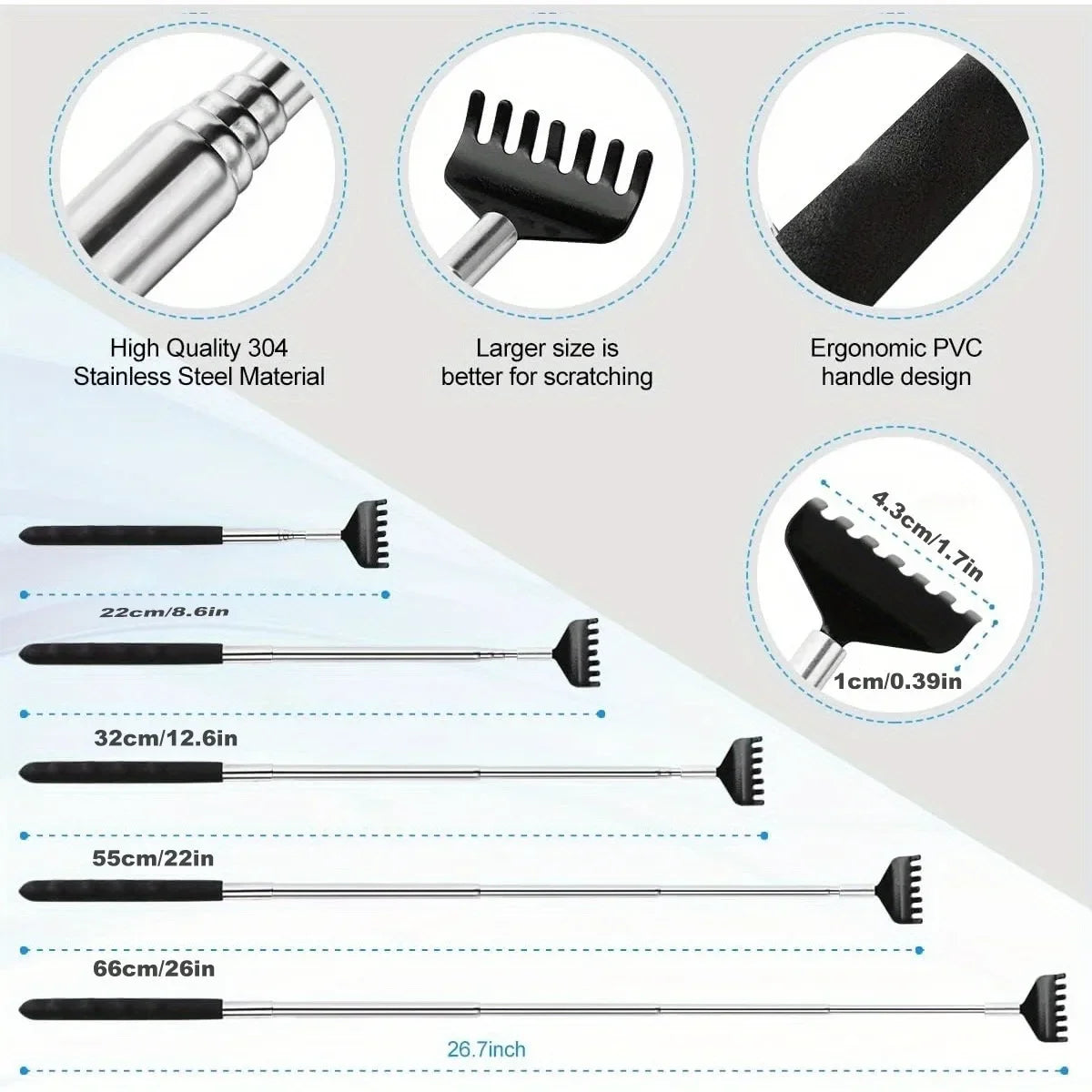 A set of extendable metal back scratchers and hand massagers in black and silver, showing various sizes.