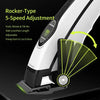 Close-up of a white rocker-type 5-speed adjustment hair clipper with a green blade and adjustable lever.