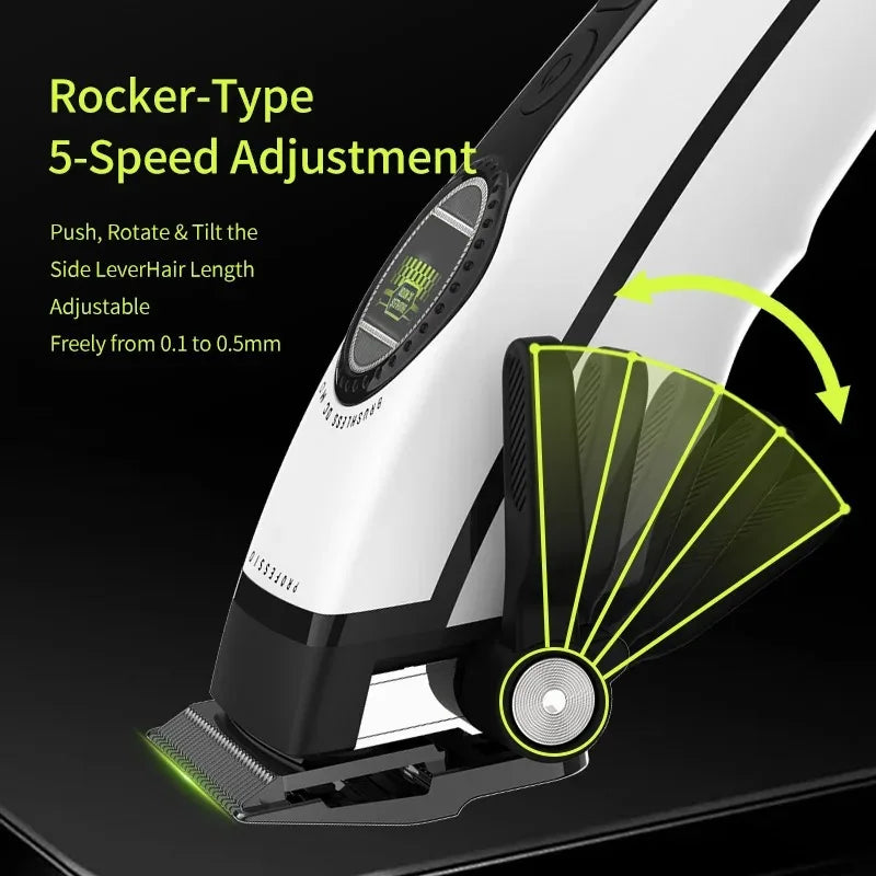 Close-up of a white rocker-type 5-speed adjustment hair clipper with a green blade and adjustable lever.