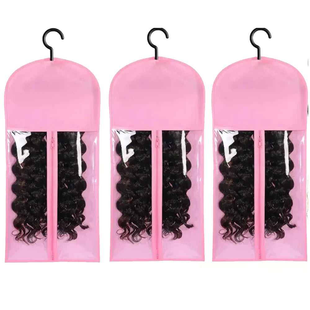 A set of three pink plastic wig storage containers with metal hangers, each holding a black wig.