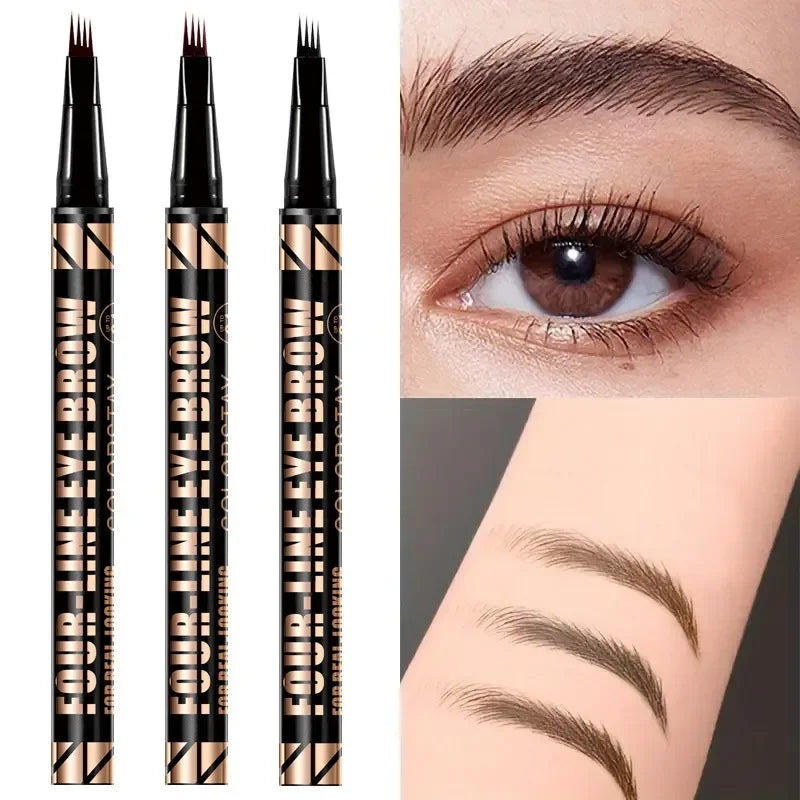 A set of four multi-color waterproof liquid eyebrow pencils shown next to a close-up of an eyebrow application.