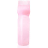 A pink bottle containing a hair color applicator comb with fine teeth.