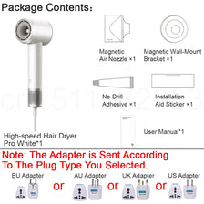 A white high-speed hair dryer package containing the dryer, magnetic air nozzle, bracket, installation aid sticker, and user 
