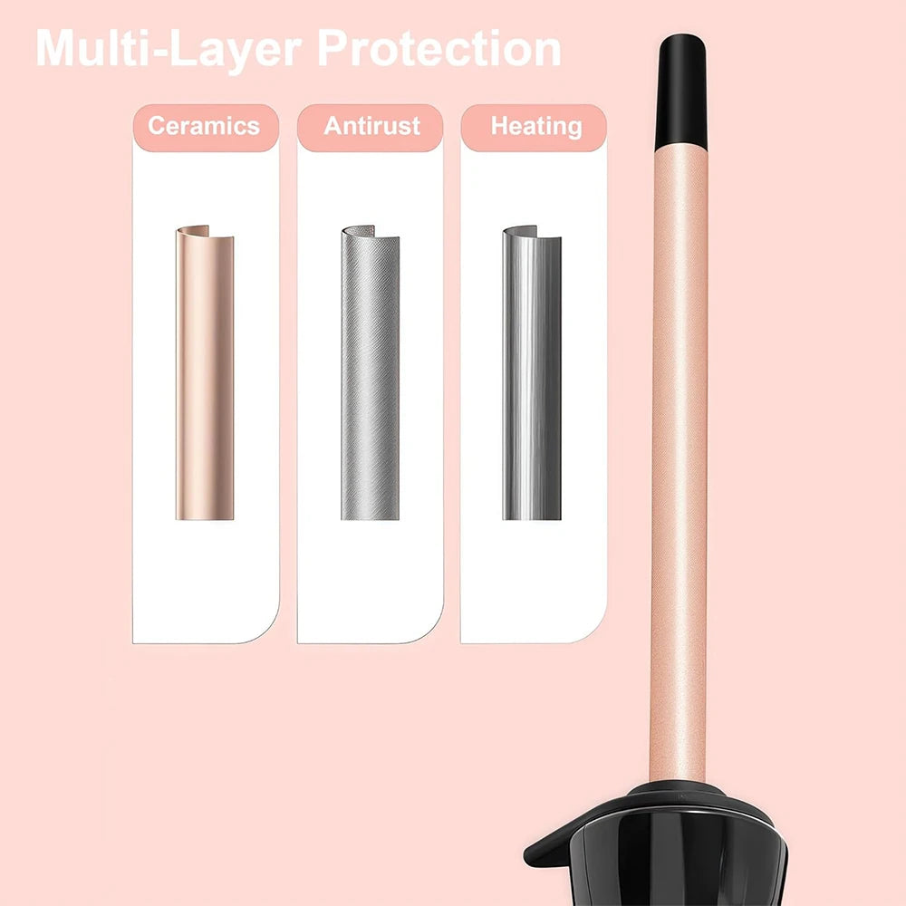 A close-up view of a rose gold curling wand demonstrating multi-layer protection including ceramics, antirust, and heating fe