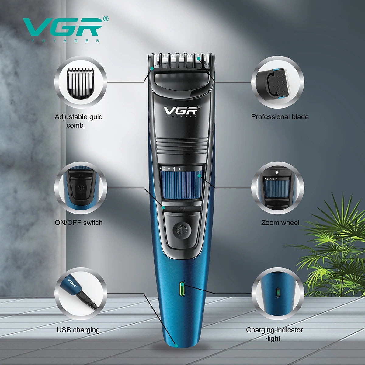 A blue VGR professional electric beard and hair trimmer shown with various features highlighted.