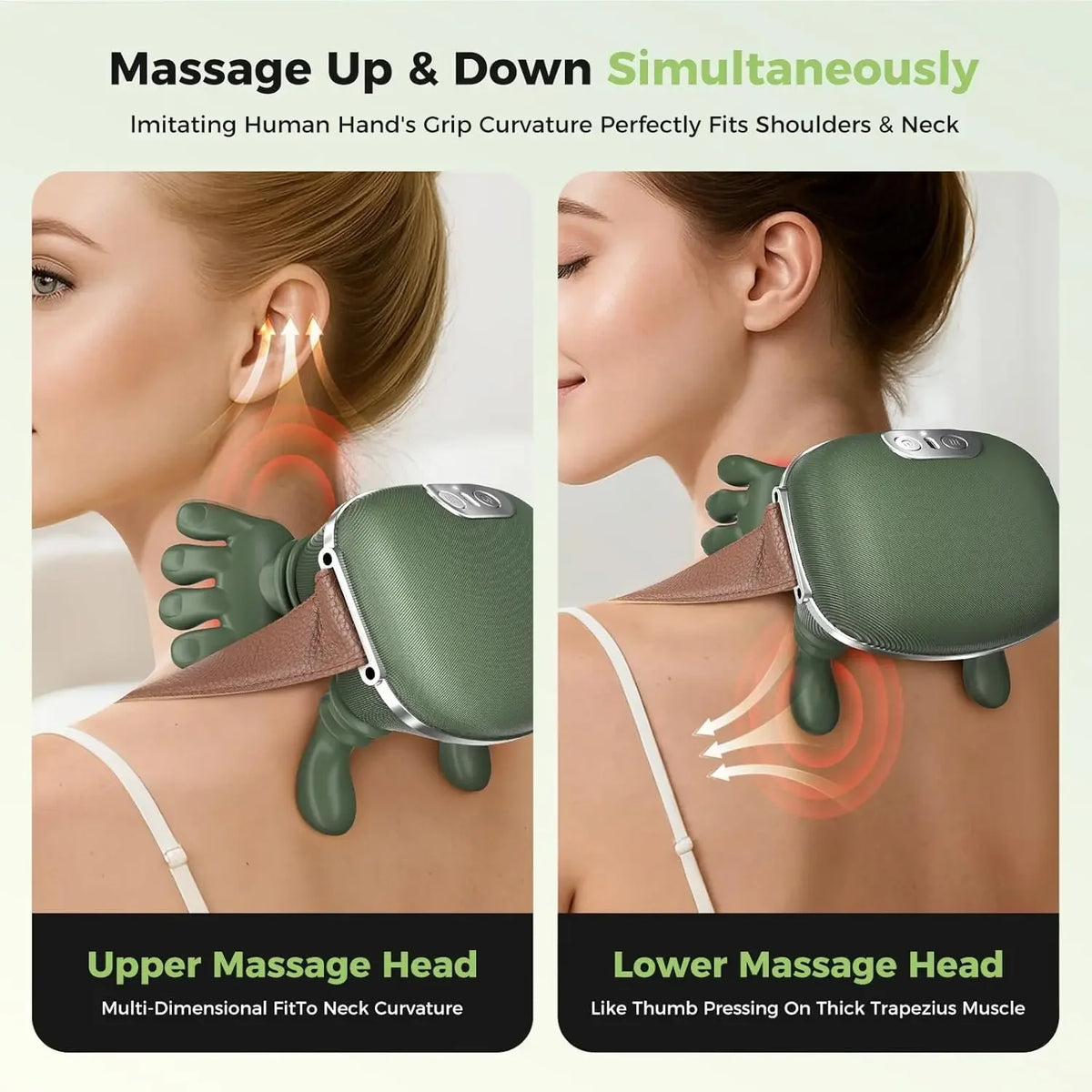 Electric neck and shoulder massager showing upper and lower massage heads fitting the neck curvature.