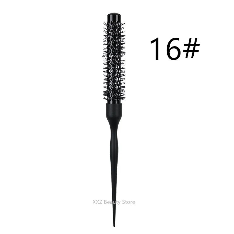 A black professional curly round hair comb with elastic teeth labeled 16#