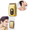 A gold-colored professional rechargeable electric foil shaver shown in various angles.