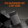 A black electric shaver is shown being tested for its IPX6 waterproof durability against water droplets.