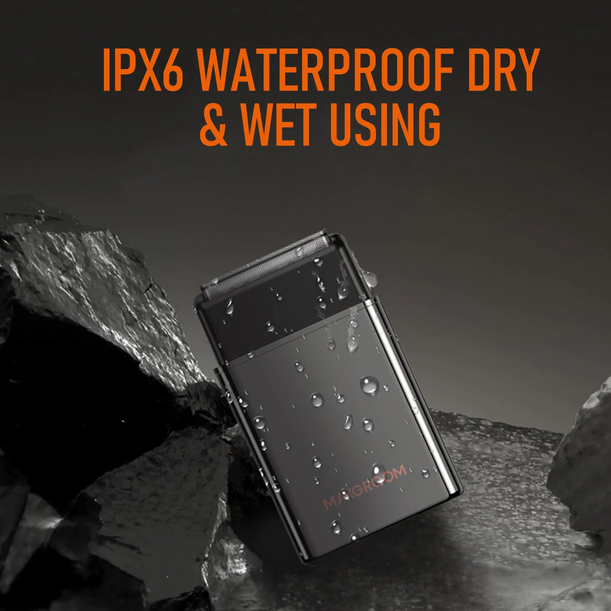 A black electric shaver is shown being tested for its IPX6 waterproof durability against water droplets.