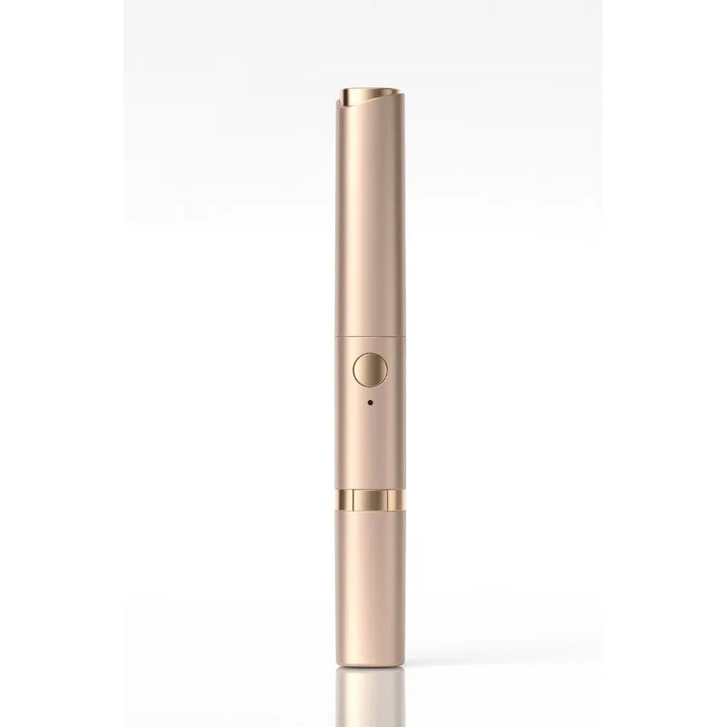 A vertical shot of a rose gold electric heated eyelash curler and eyebrow trimmer.