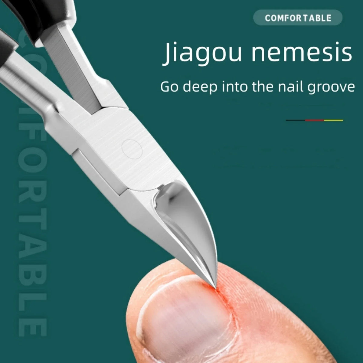 A close-up of professional toenail clippers with a curved sharp blade being used on a finger.