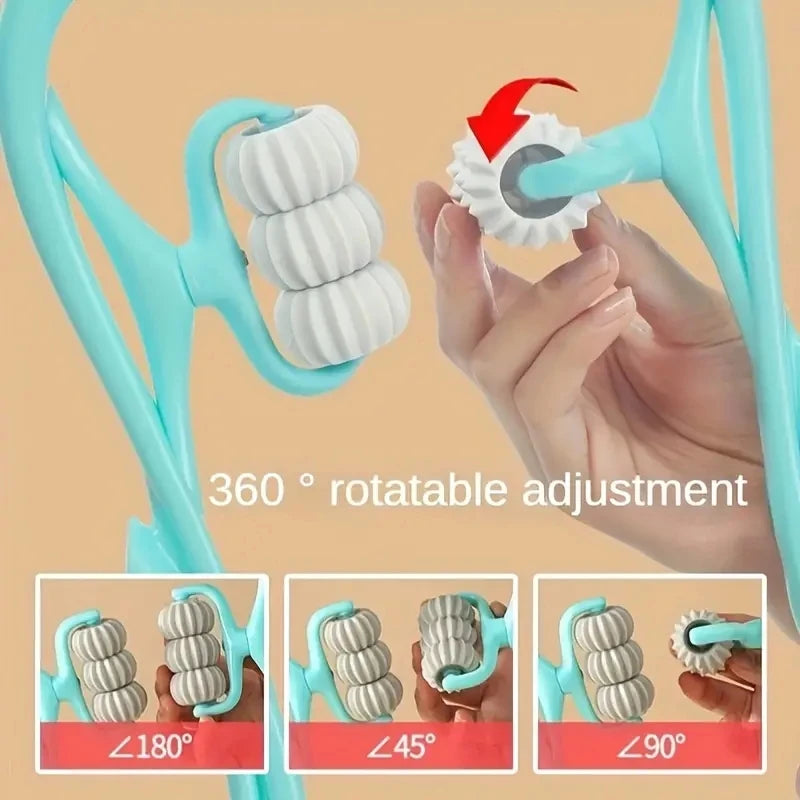 A hand demonstrates the 360 degree rotatable adjustment of a manual deep tissue neck and body massager with various angles.
