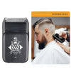 A black electric hair trimmer device is shown next to a man using it for a haircut.