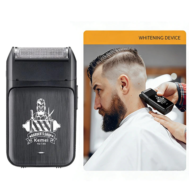 A black electric hair trimmer device is shown next to a man using it for a haircut.