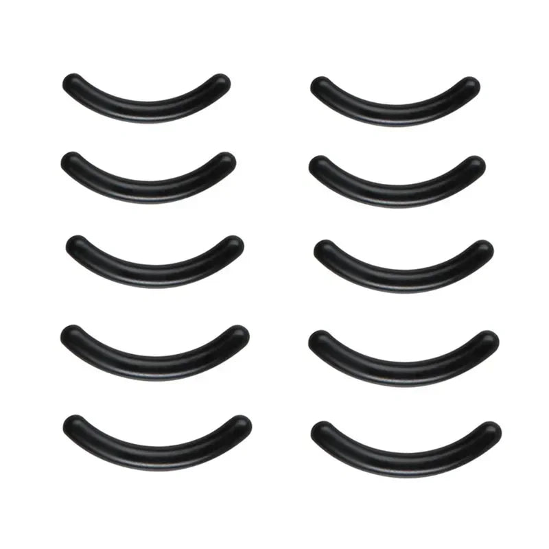 A set of five black professional eyelash curlers shown in various angles.