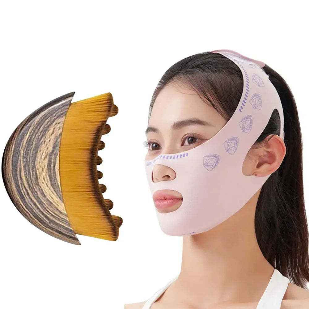 A woman is wearing a pink lymphatic sculpting bandage mask and has a yellow massage brush next to her face.