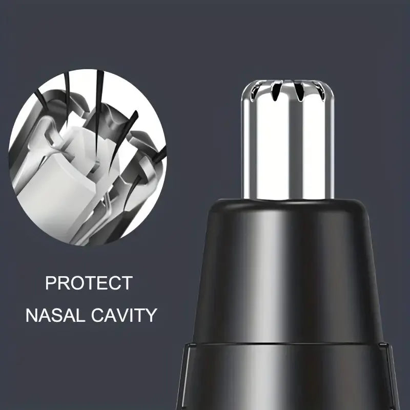 Close-up view of an electric nose hair trimmer with a protective guard, designed for gentle nasal cavity grooming.