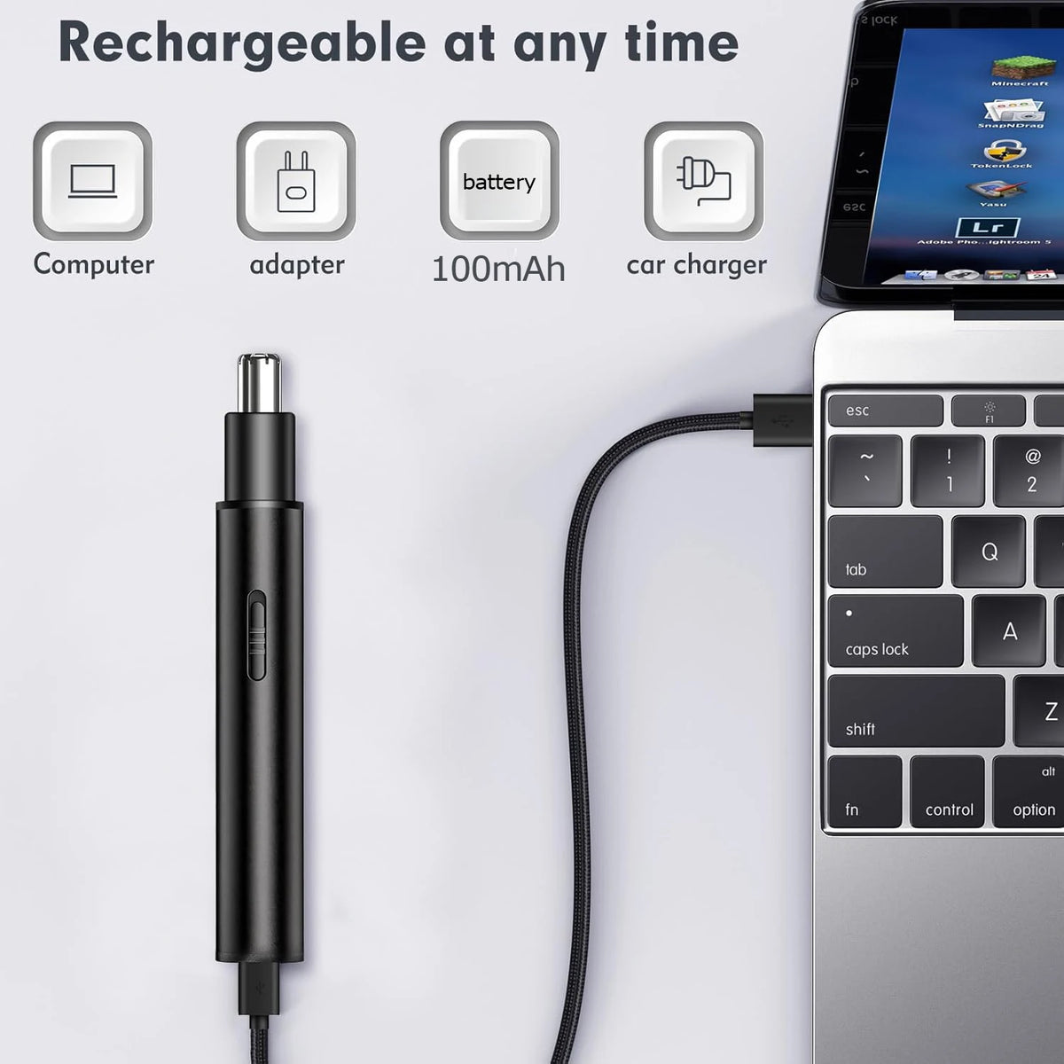 A black rechargeable facial hair trimmer and its charging cable are shown next to a smartphone.