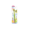 A package of a soft bristle manual toothbrush for adults with a yellow handle and pink packaging.