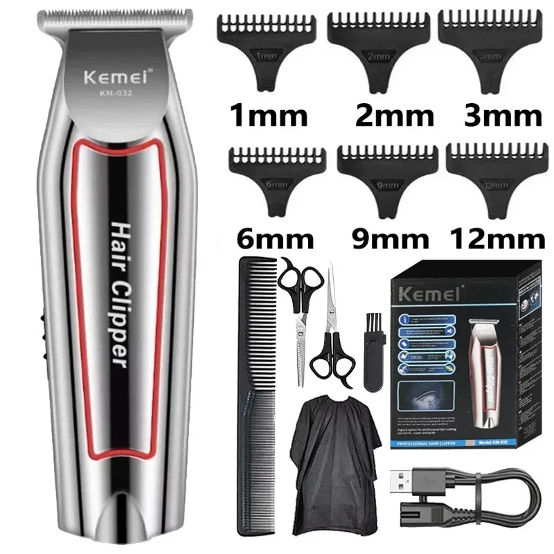 A silver electric hair clipper with various guard attachments for grooming.