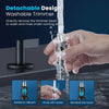 A hand is shown interacting with a detachable trimmer head, demonstrating how to rotate it to detach, rinse it with water, an