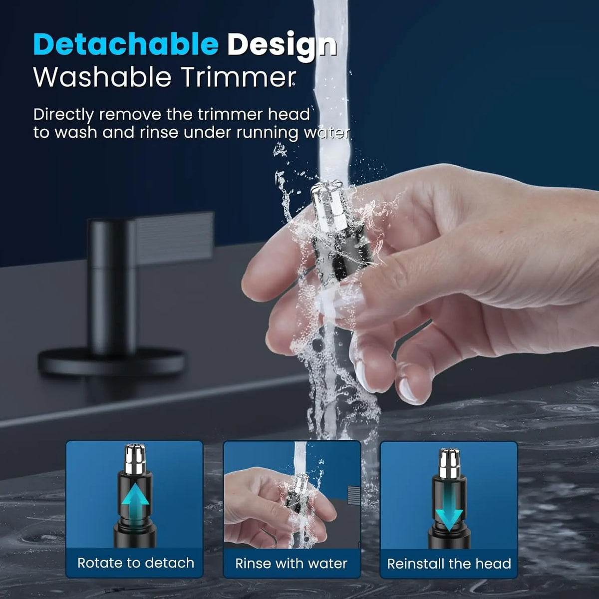 A hand is shown interacting with a detachable trimmer head, demonstrating how to rotate it to detach, rinse it with water, an