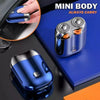 A set of mini body electric razor shavers in blue and silver colors displayed on a dark blue surface.