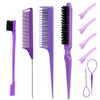 A set of purple hair styling combs and brushes including a wide-toothed comb, a fine-tooth comb, and a round comb.