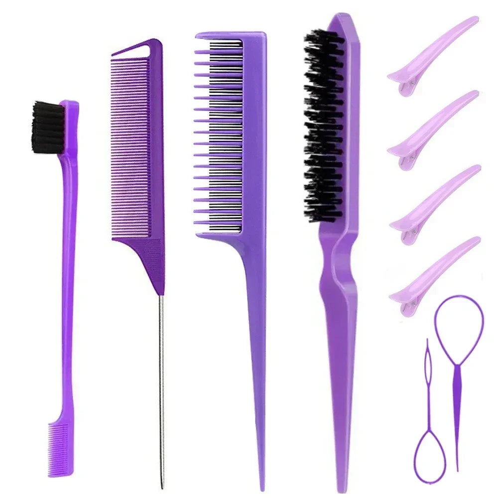 A set of purple hair styling combs and brushes including a wide-toothed comb, a fine-tooth comb, and a round comb.