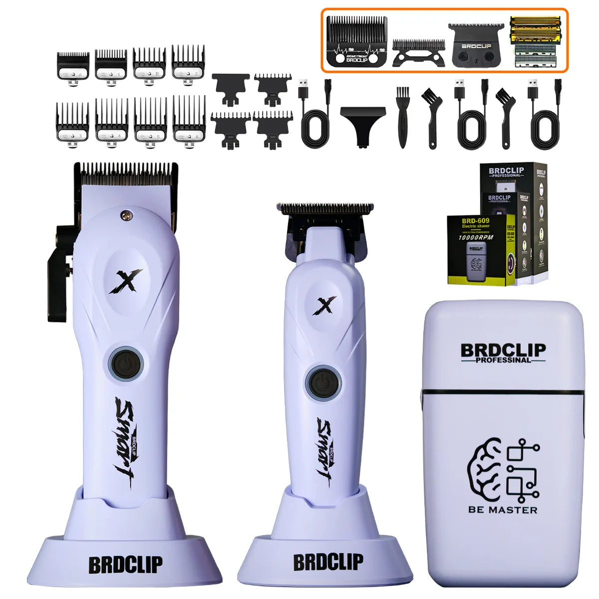 A professional multi-function hair grooming kit featuring a purple and white electric device and various grooming tools.