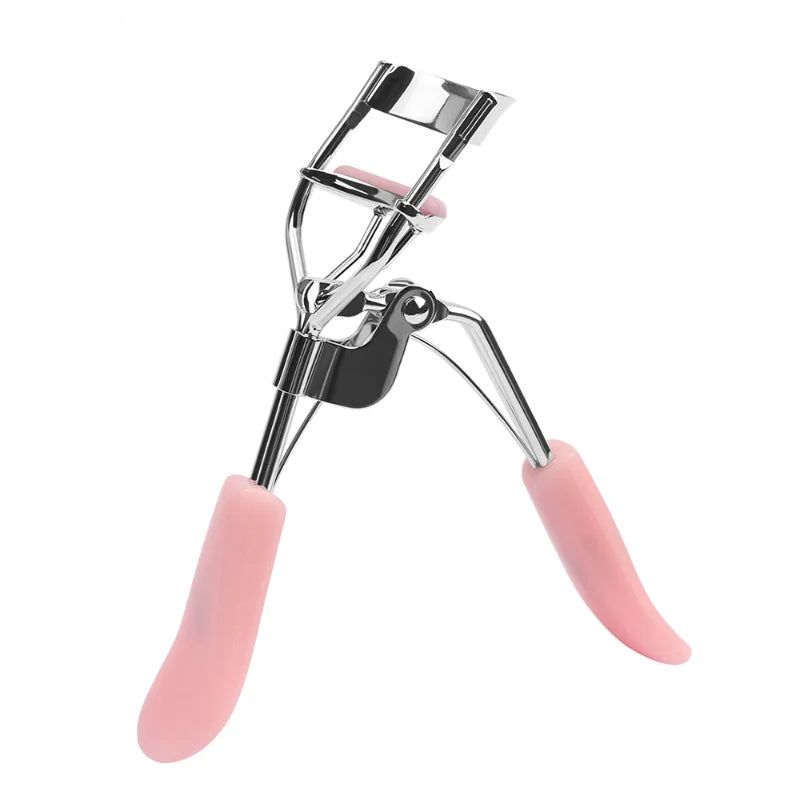 A silver makeup eyelash curler with pink silicone pads shown from the side.