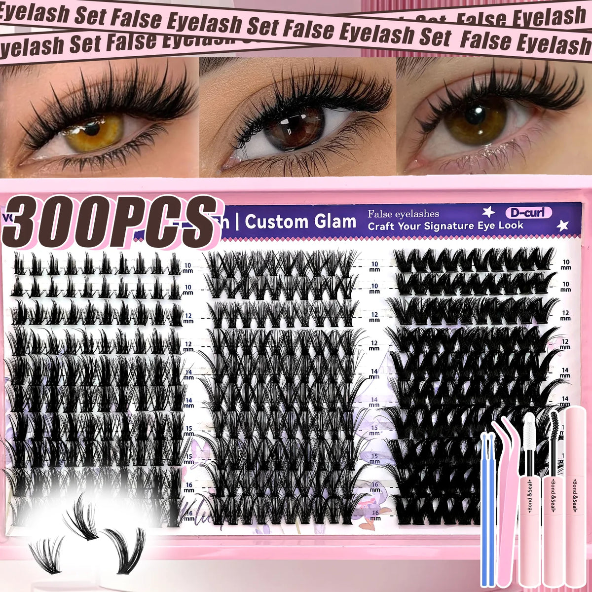 A box of 300 pieces of false eyelashes for DIY volume lash extensions featuring various styles and lengths.