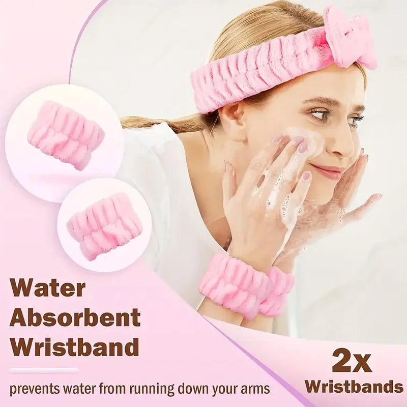 A woman is applying a pink water absorbent wristband on her arm, with close-ups of the wristbands shown.